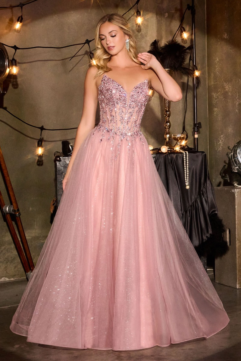 A-Line Evening Gown with Crystal Bodice by Ladivine CD721