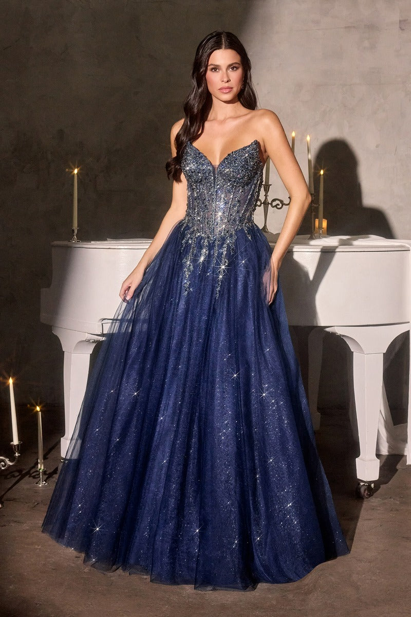 A-Line Evening Gown with Crystal Bodice by Ladivine CD721