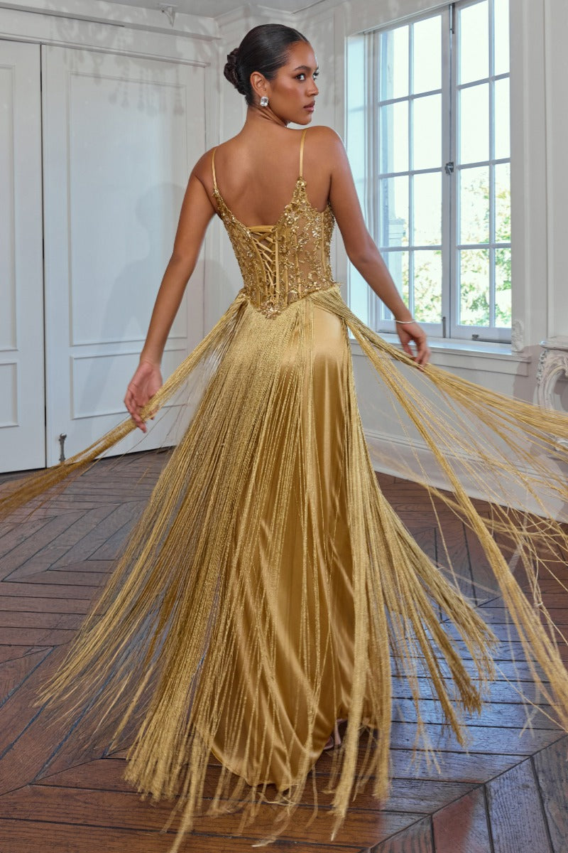 Fitted Fringe Gown with Beaded Bodice by Ladivine CDS580