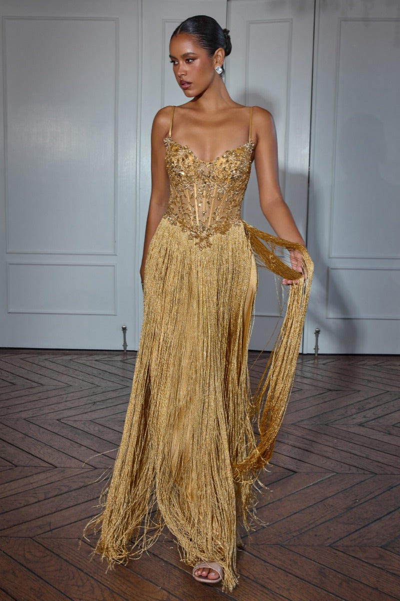 Fitted Fringe Gown with Beaded Bodice by Ladivine CDS580