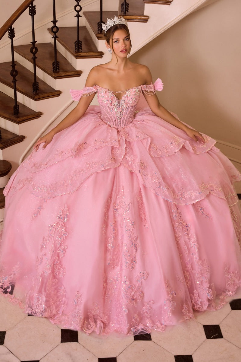 Pink floral quinceañera ball gown 15747