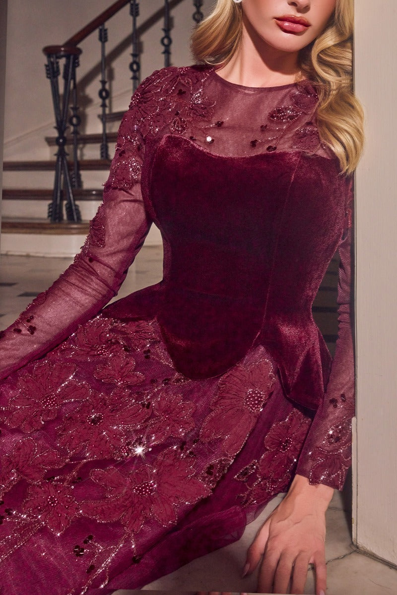 Long Sleeve Velvet & Lace Ball Gown by Ladivine CM394