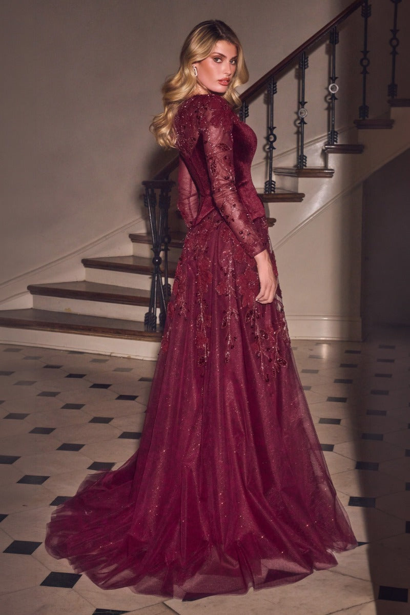 Long Sleeve Velvet & Lace Ball Gown by Ladivine CM394