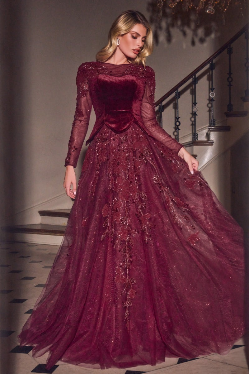 Long Sleeve Velvet & Lace Ball Gown by Ladivine CM394