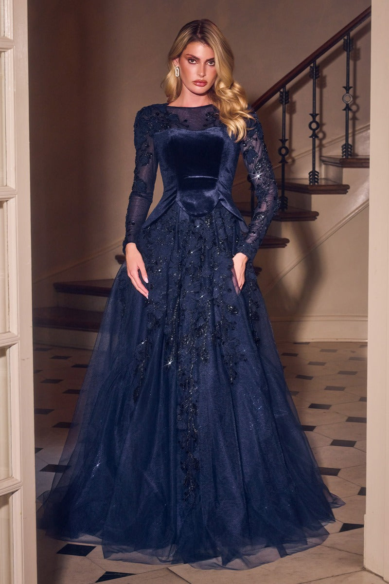 Long Sleeve Velvet & Lace Ball Gown by Ladivine CM394