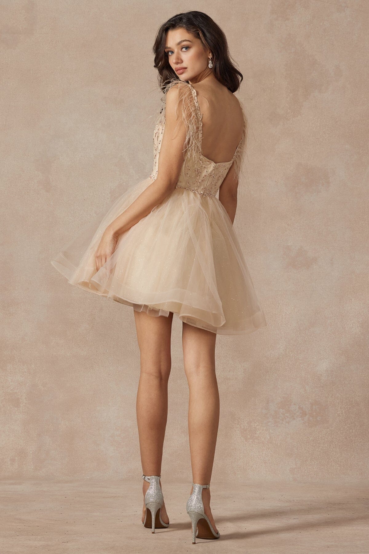 Embroidered Short Sleeveless Feather Dress by Juliet 881 - product image 12