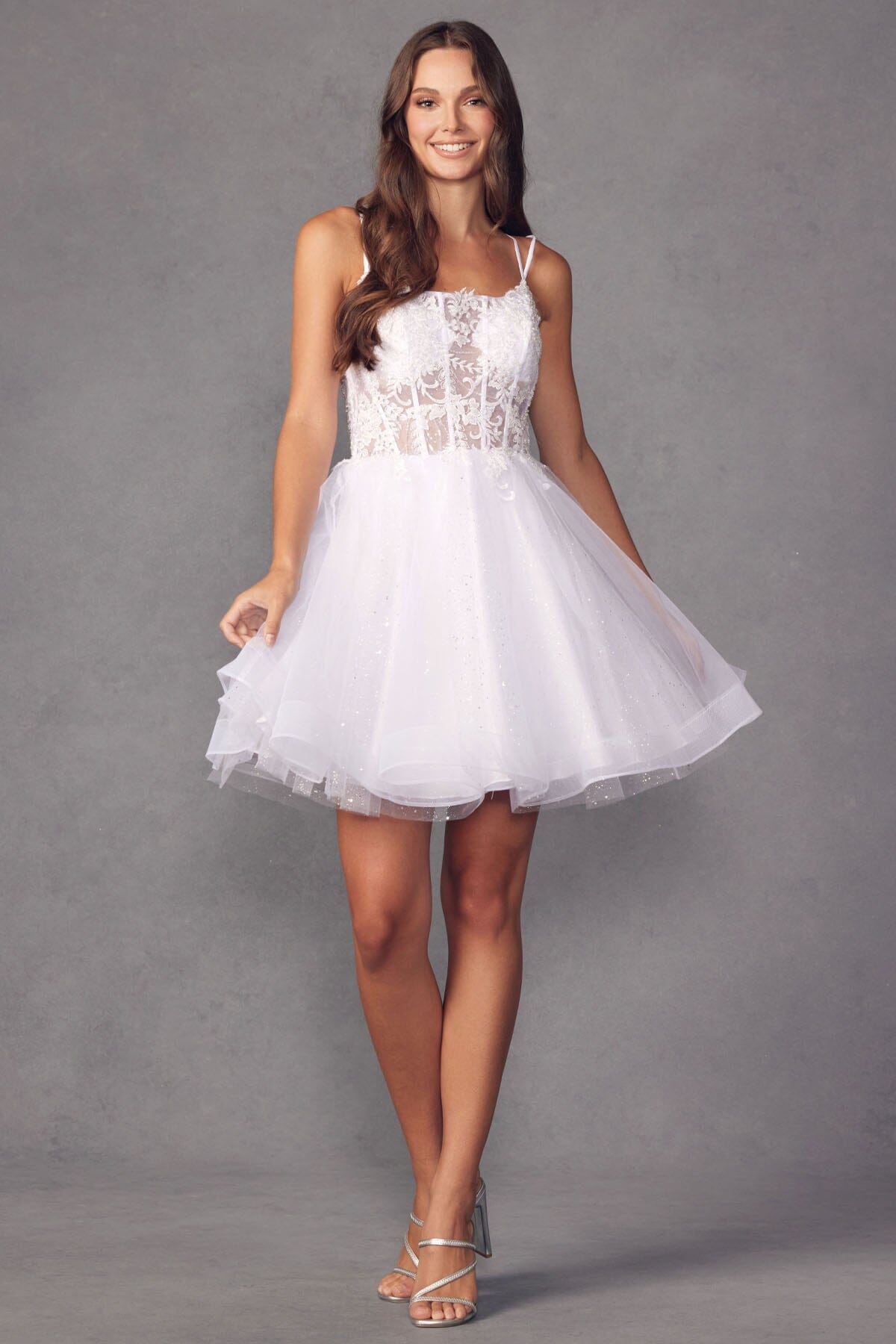 Embroidered Short Sleeveless Glitter Tulle Dress by Juliet 883 - product image 1
