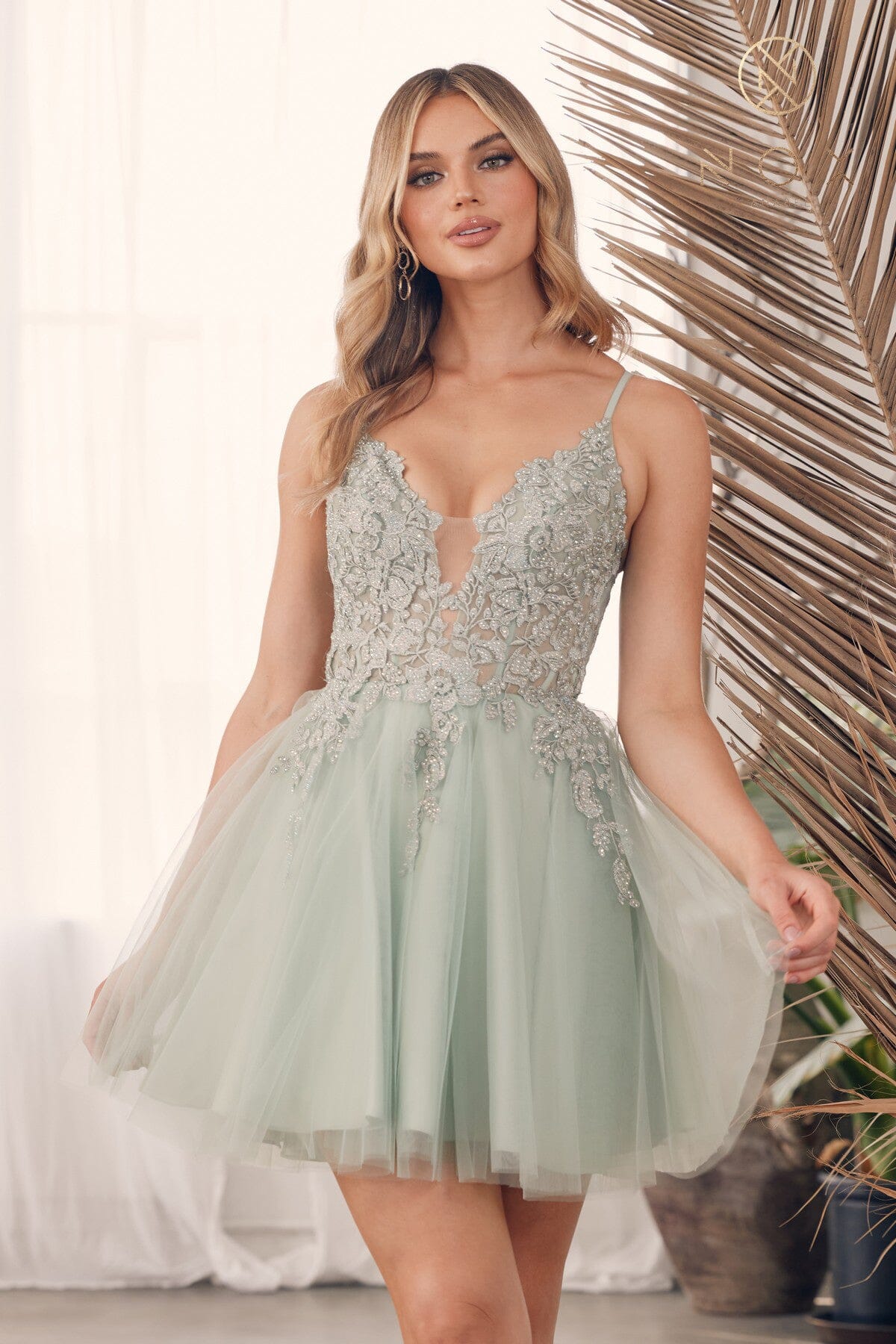 Embroidered Short V-Neck Tulle Dress by Nox Anabel G785 - product image 1
