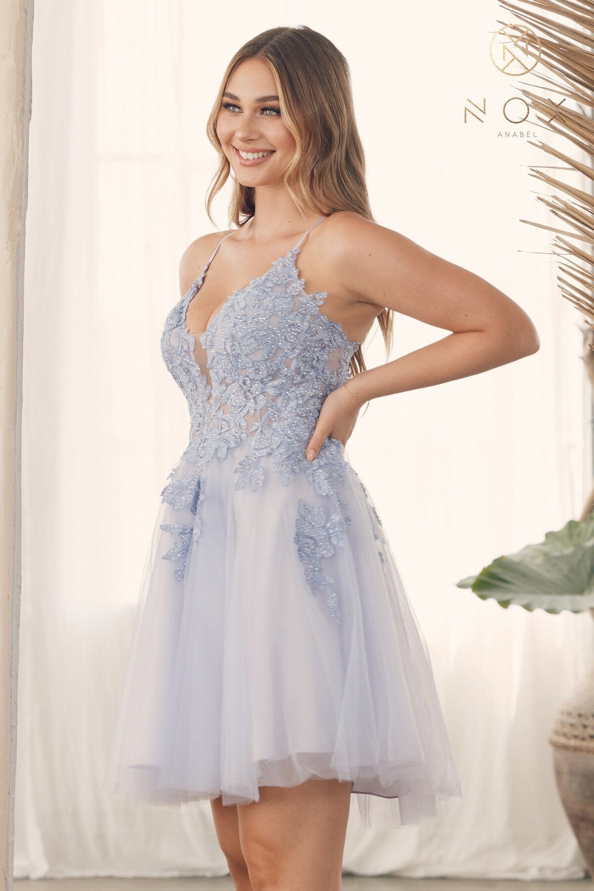 Embroidered Short V-Neck Tulle Dress by Nox Anabel G785 - product image 9
