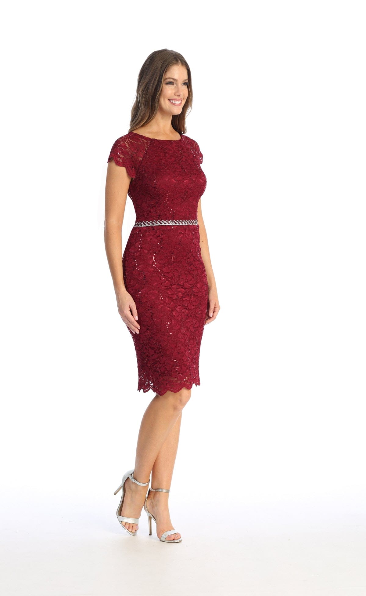 Fitted Short Sequin Lace Dress with Short Sleeves by Celavie 6372S - product image 10