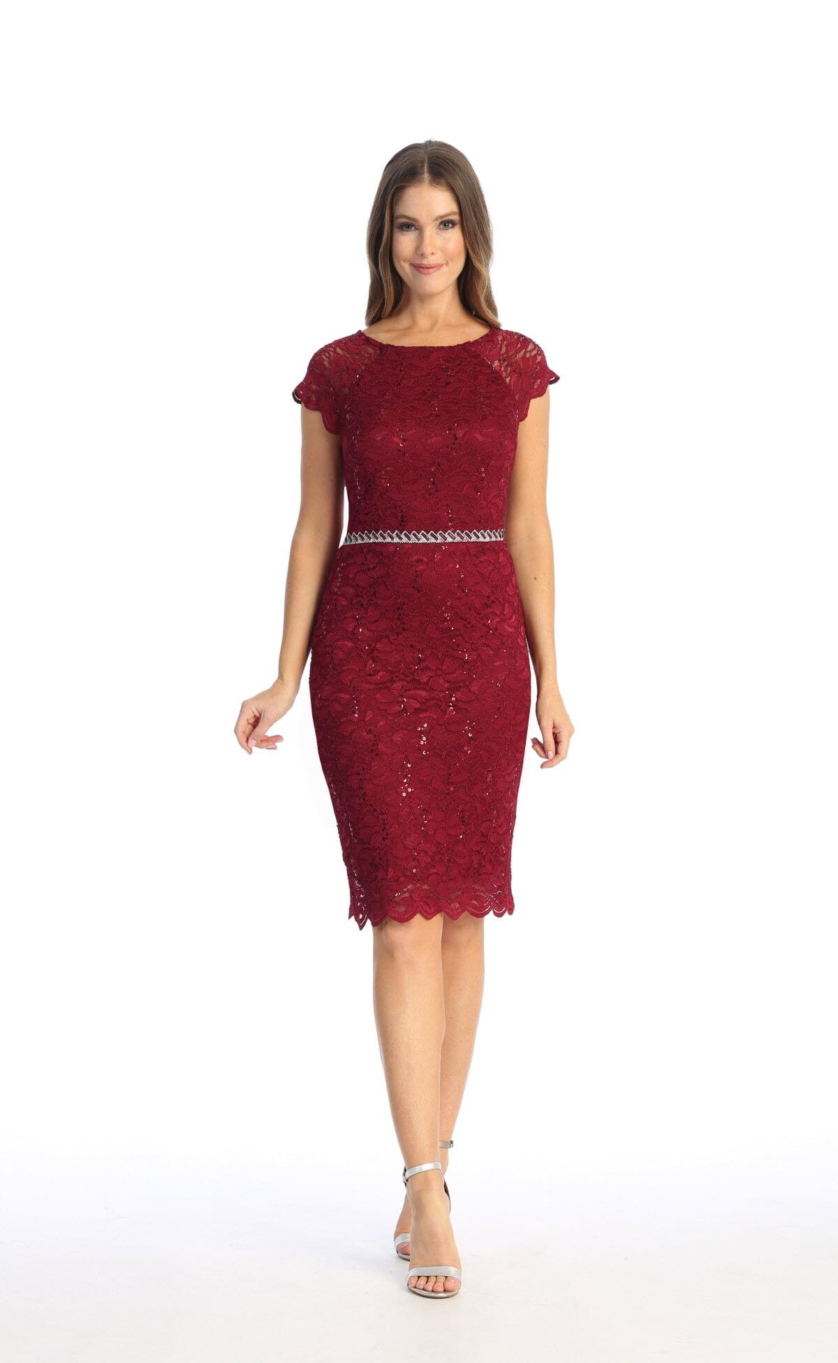 Fitted Short Sequin Lace Dress with Short Sleeves by Celavie 6372S - product image 9