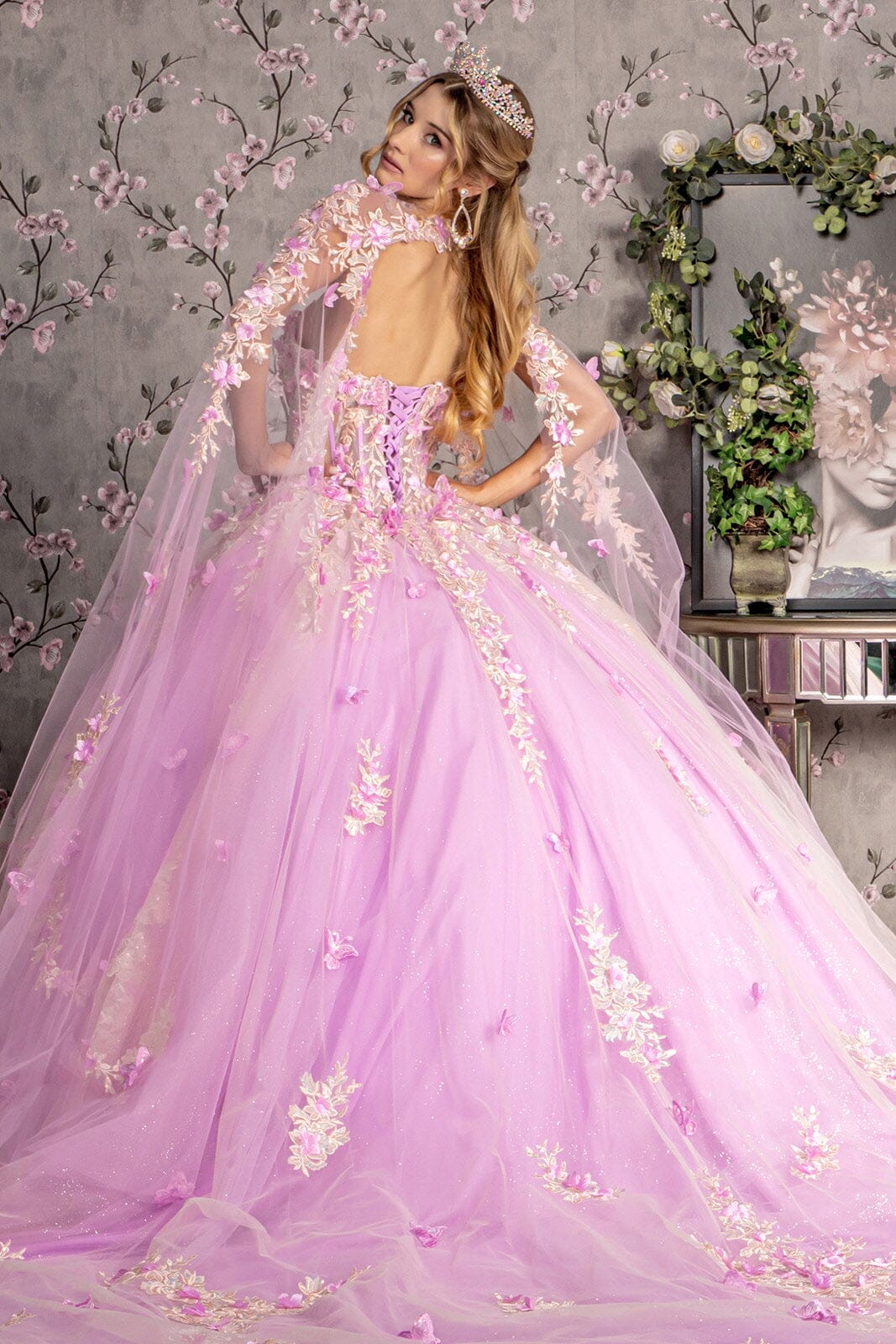 Floral Applique Cape Sleeve Ball Gown by GLS Gloria GL3467 - product image 2