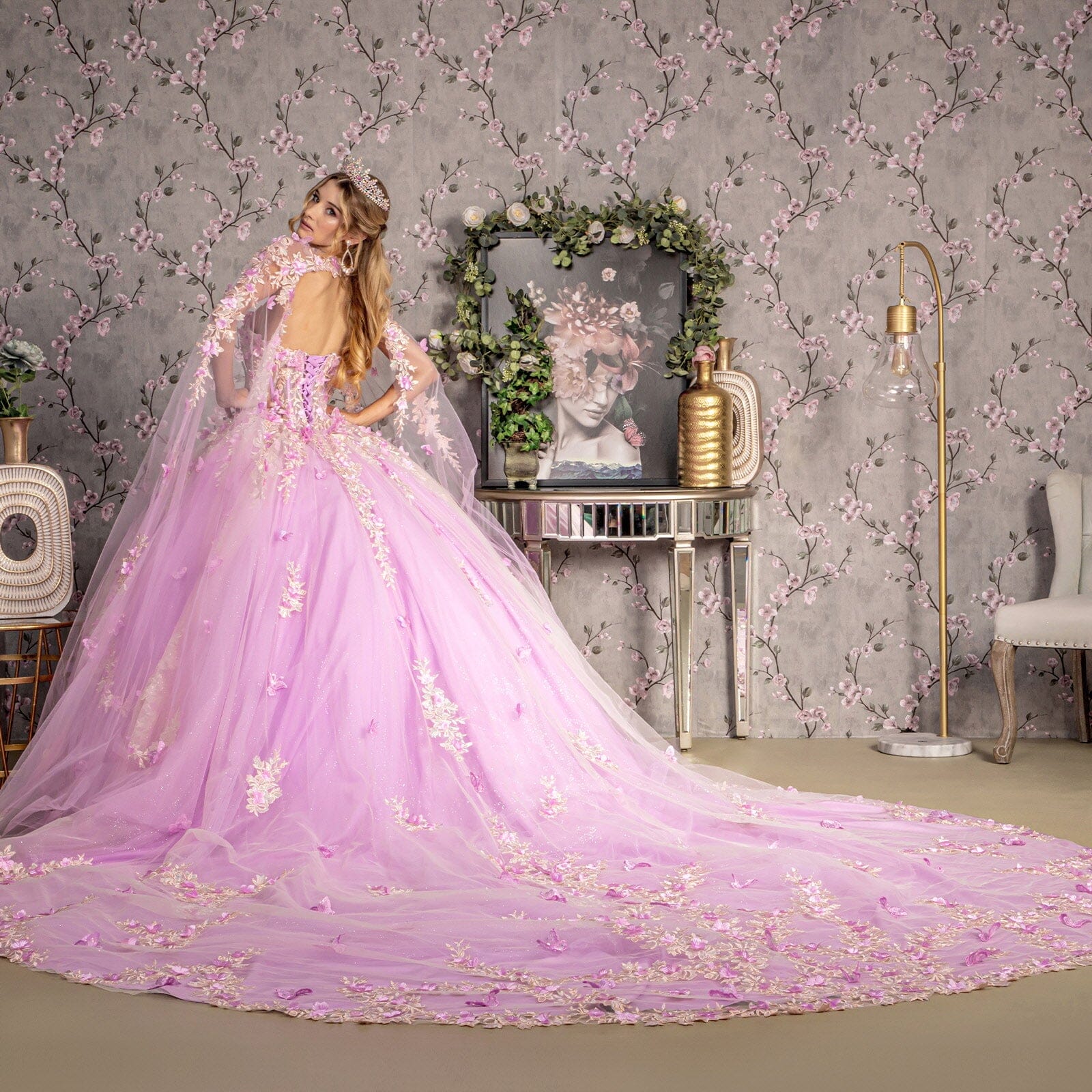 Floral Applique Cape Sleeve Ball Gown by GLS Gloria GL3467 - product image 6