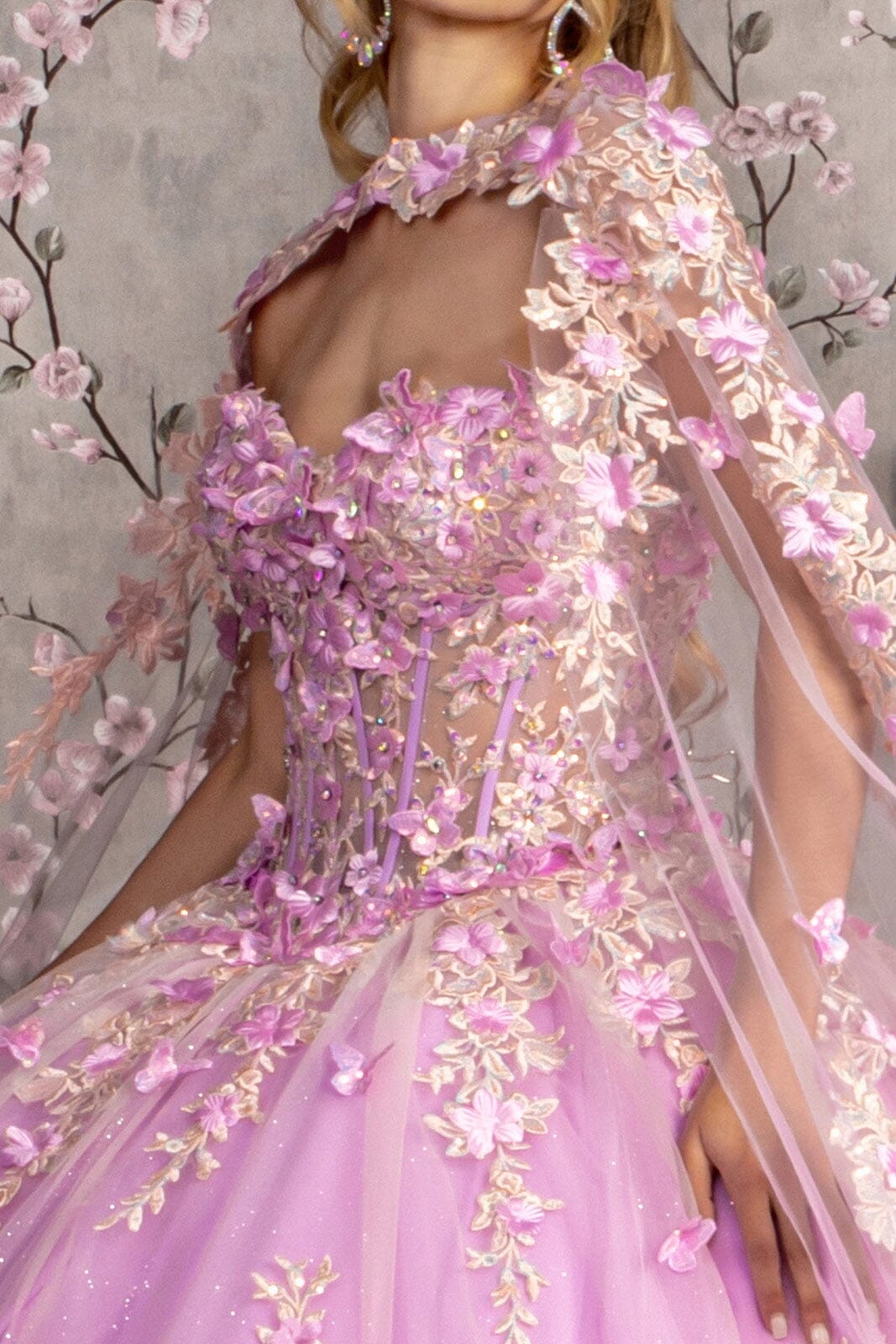 Floral Applique Cape Sleeve Ball Gown by GLS Gloria GL3467 - product image 3