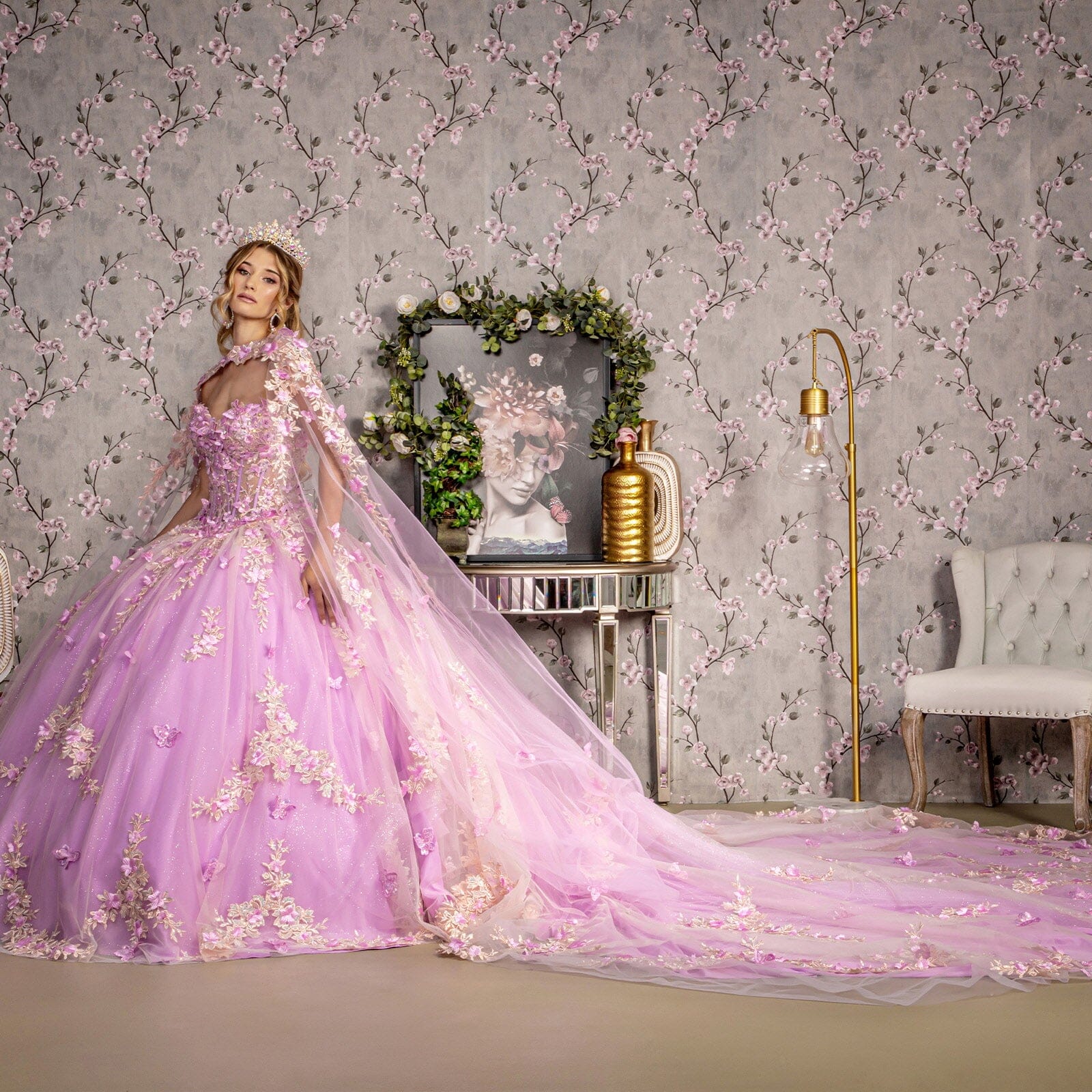 Floral Applique Cape Sleeve Ball Gown by GLS Gloria GL3467 - product image 5