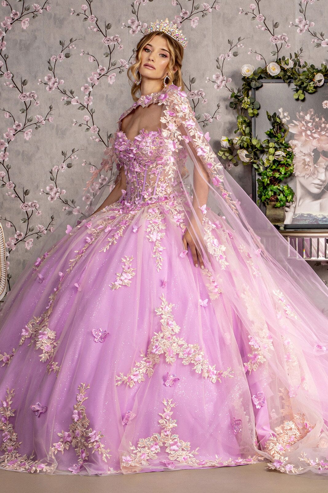 Floral Applique Cape Sleeve Ball Gown by GLS Gloria GL3467 - product image 1