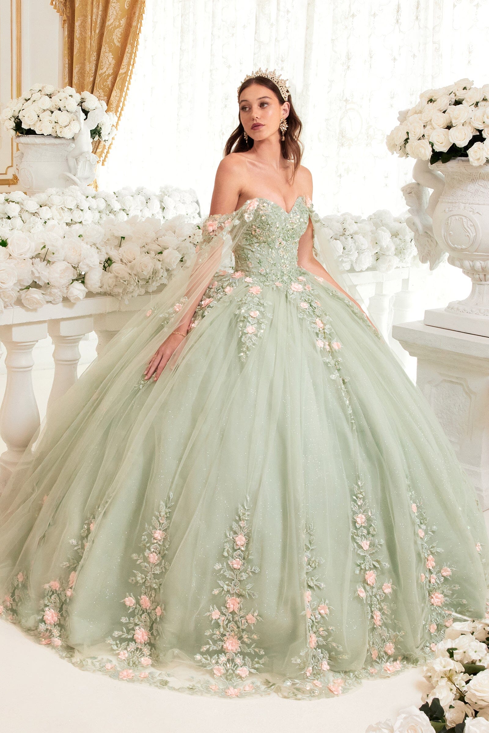 Floral Applique Cape Sleeve Ball Gown by Ladivine 15716 - product image 4
