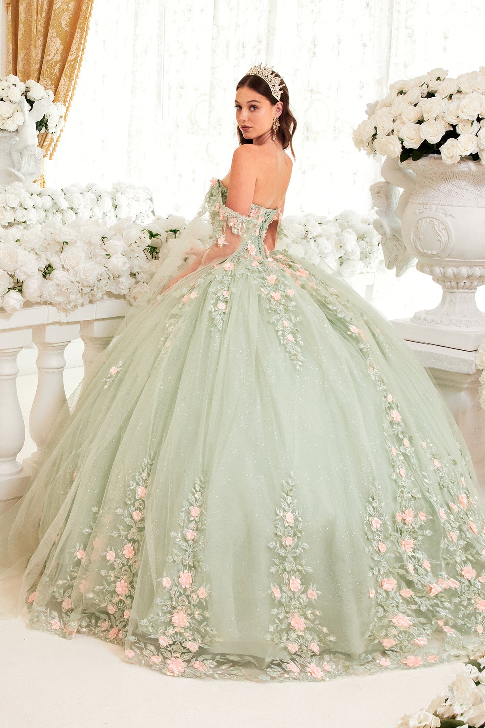 Floral Applique Cape Sleeve Ball Gown by Ladivine 15716 - product image 2