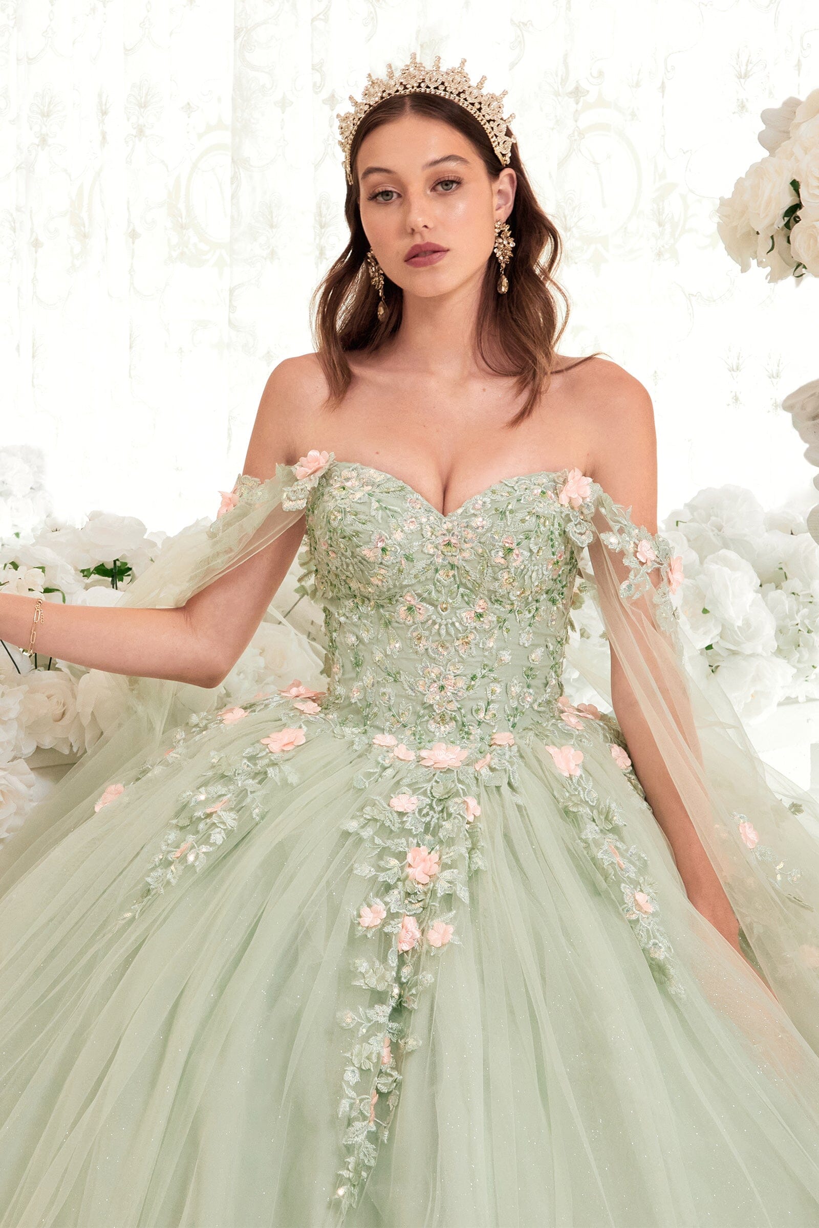 Floral Applique Cape Sleeve Ball Gown by Ladivine 15716 - product image 3