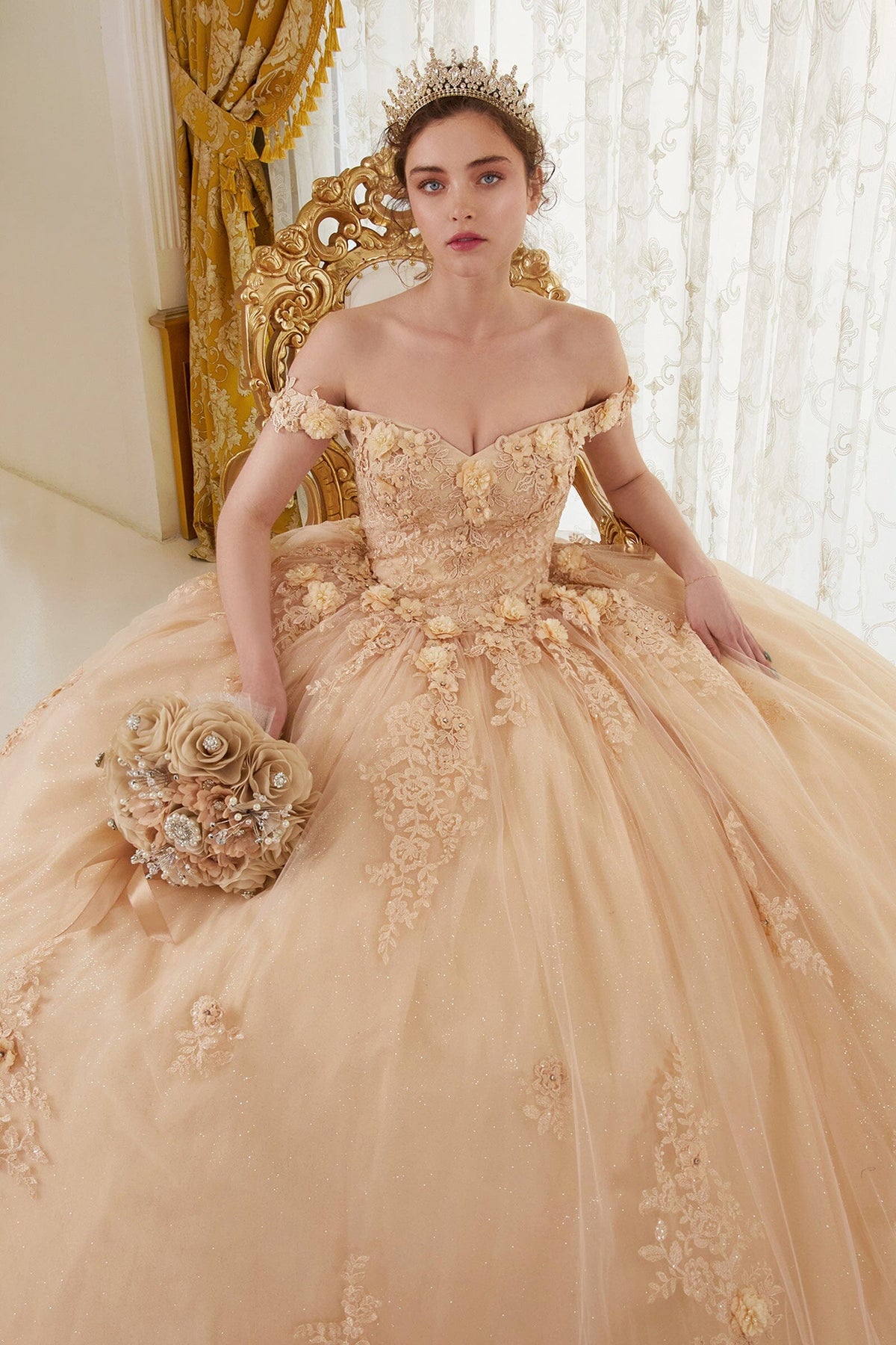 Floral Applique Off Shoulder Ball Gown by Ladivine 15702 - product image 5
