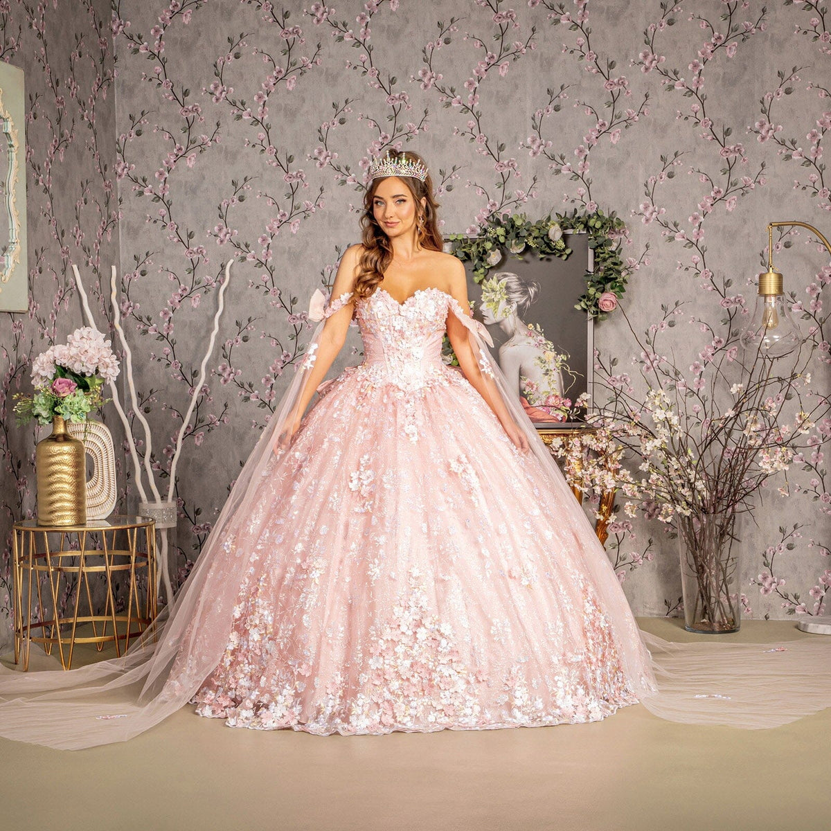 Floral Off Shoulder Cape Sleeve Ball Gown by GLS Gloria GL3465 - product image 5