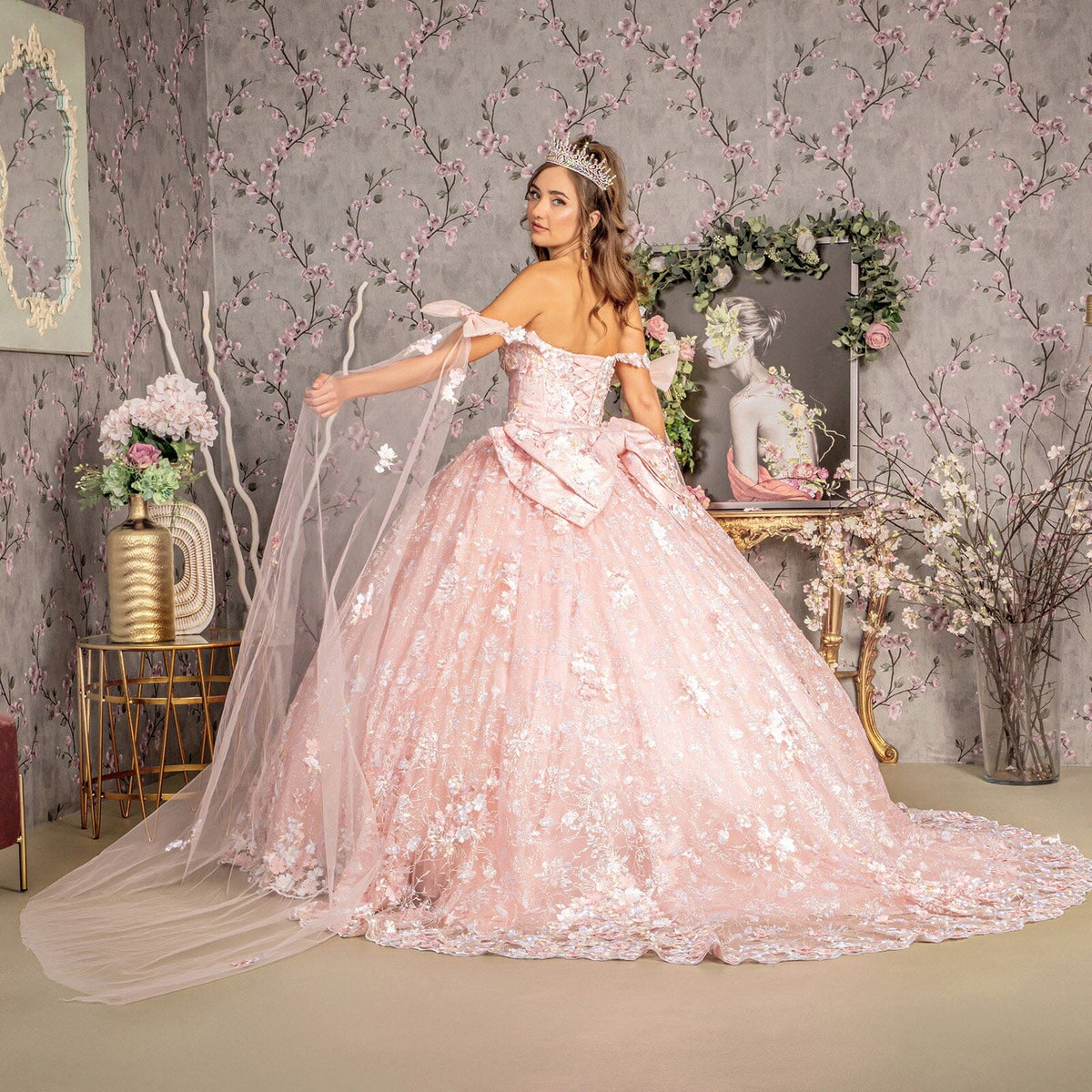 Floral Off Shoulder Cape Sleeve Ball Gown by GLS Gloria GL3465 - product image 6