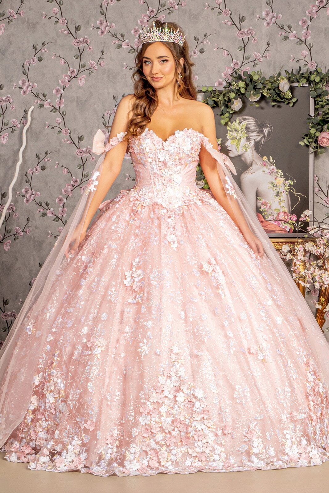 Floral Off Shoulder Cape Sleeve Ball Gown by GLS Gloria GL3465 - product image 1