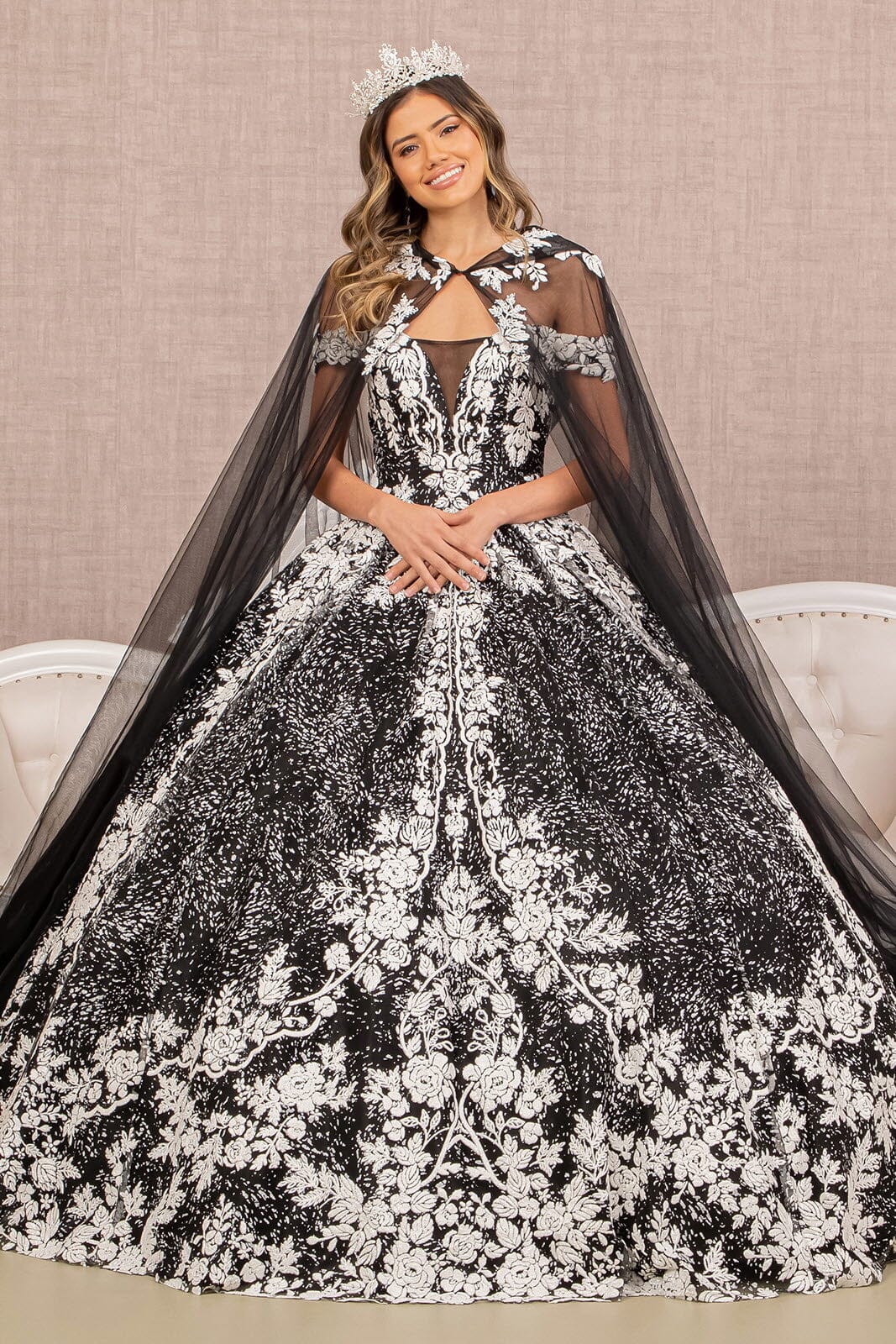 Floral Print Cloak Ball Gown by Elizabeth K GL3168 - product image 1