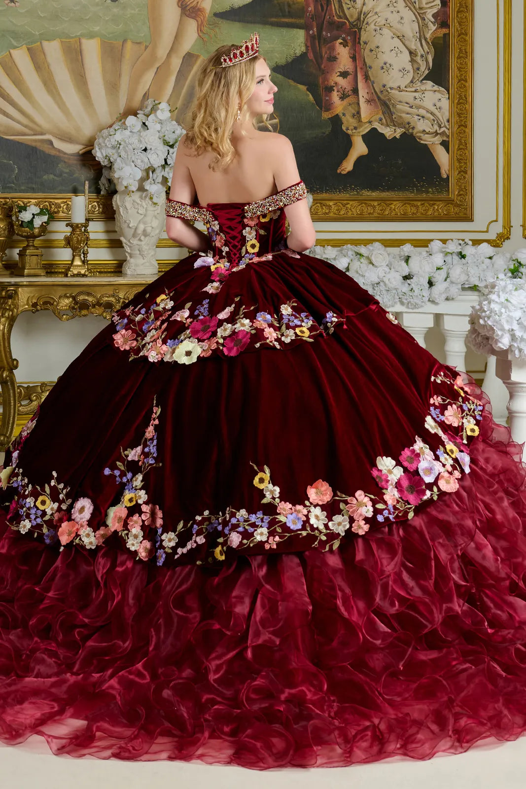 Off Shoulder Ruffled Ball Gown by Elizabeth K GL3638