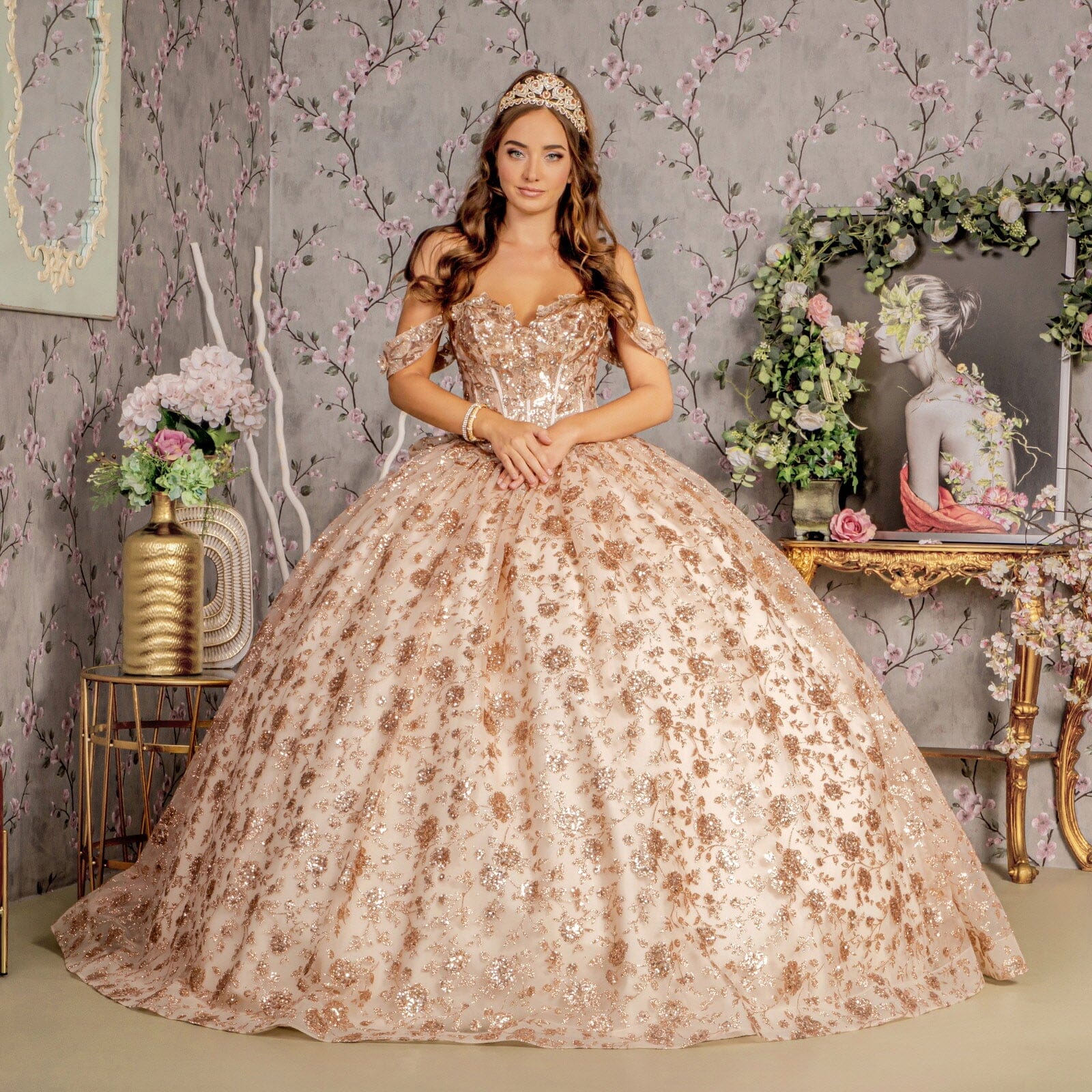 Glitter Print Off Shoulder Corset Ball Gown by GLS Gloria GL3485 - product image 5