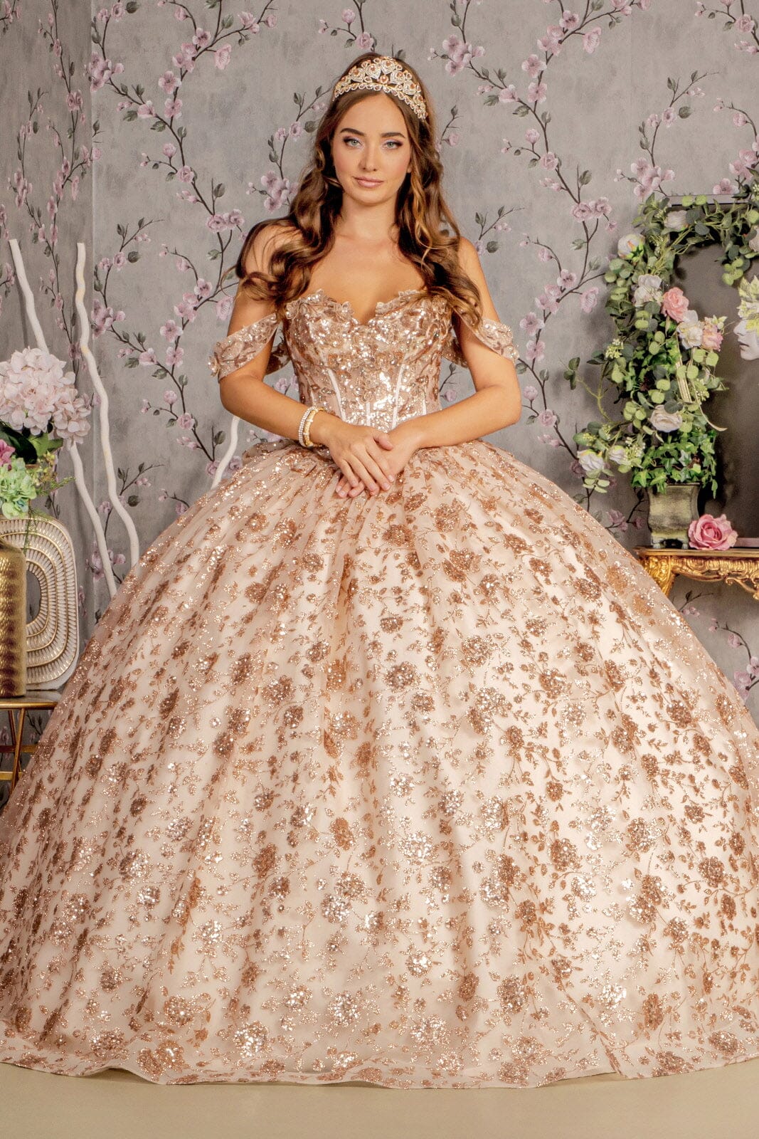 Glitter Print Off Shoulder Corset Ball Gown by GLS Gloria GL3485 - product image 1
