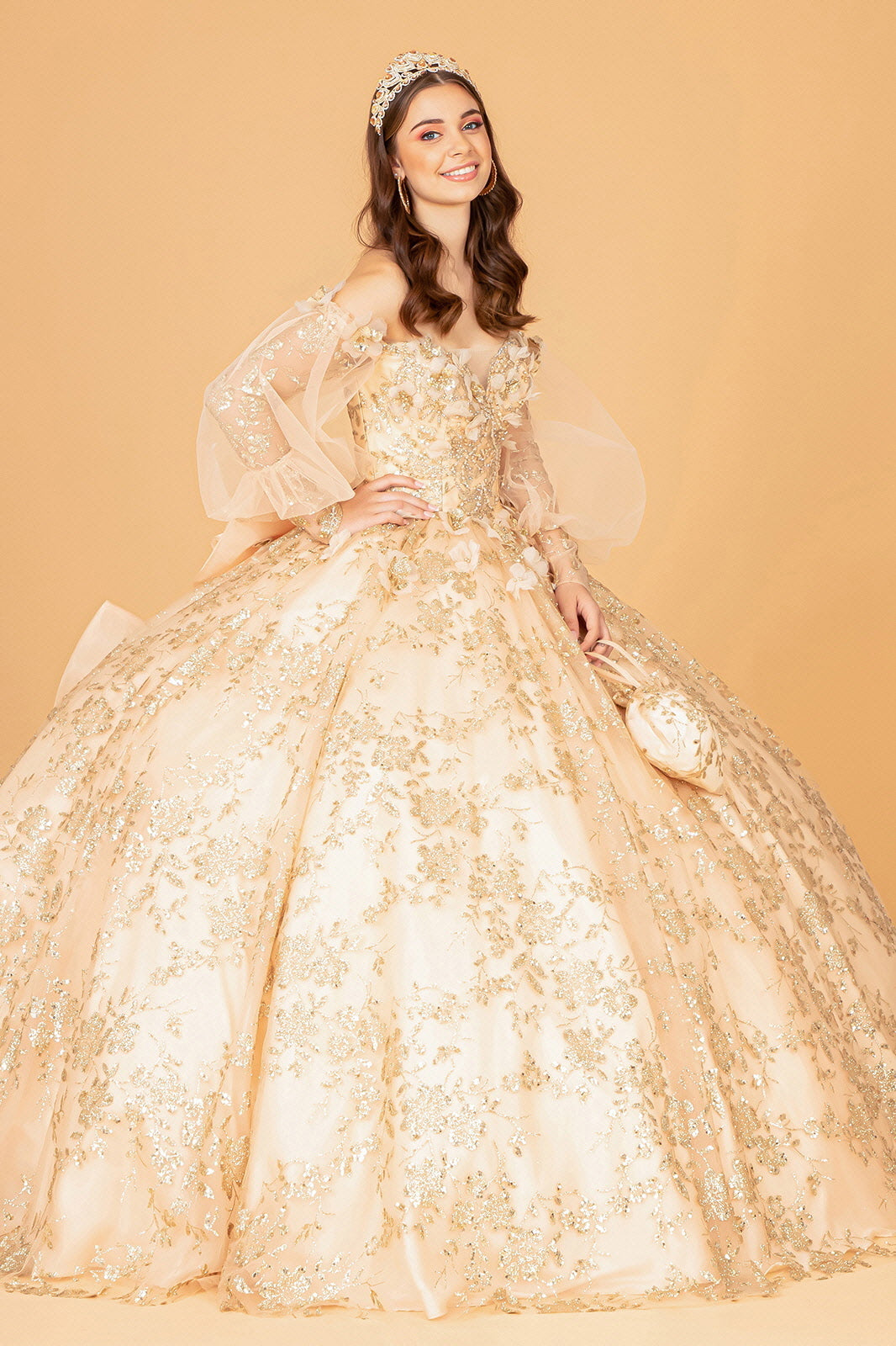 Glitter Print Puff Sleeve Ball Gown by Elizabeth K GL3071 - product image 5