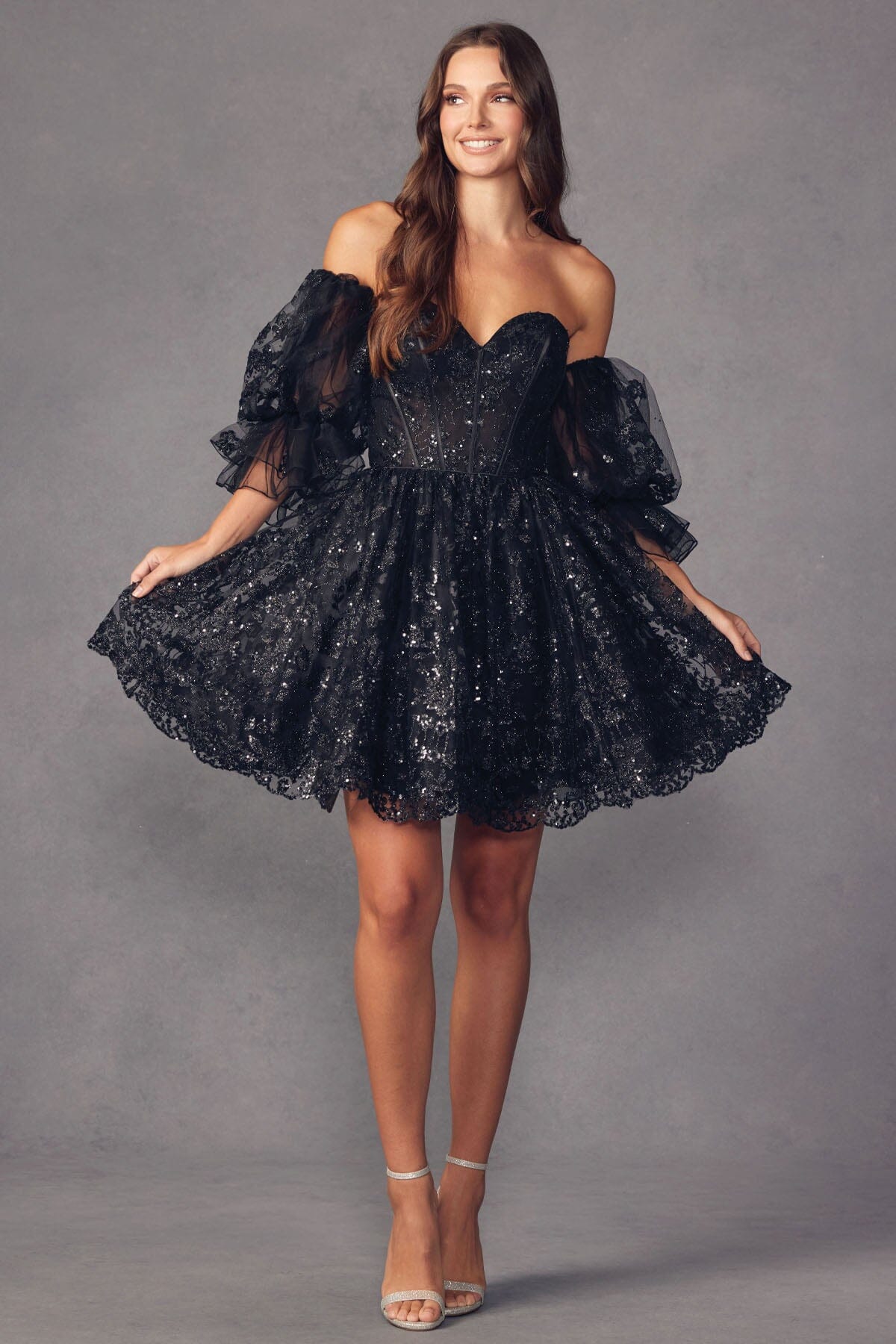 Glitter Print Short Puff Sleeve A-line Dress by Juliet 895 - product image 5