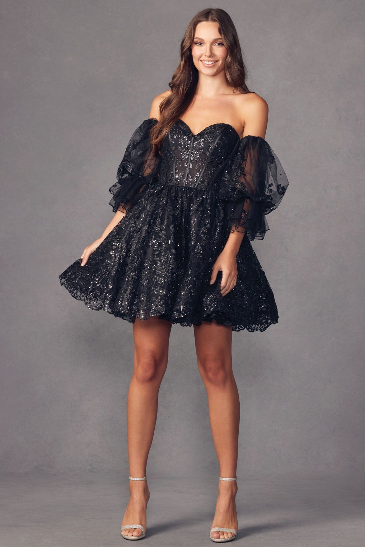Glitter Print Short Puff Sleeve A-line Dress by Juliet 895 - product image 3