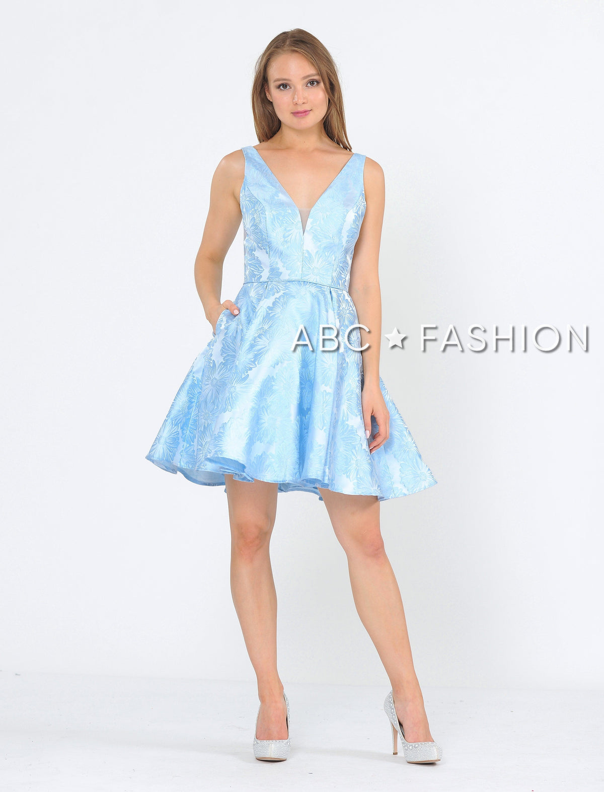 Illusion Short V-Neck Floral Print Dress by Poly USA 8366