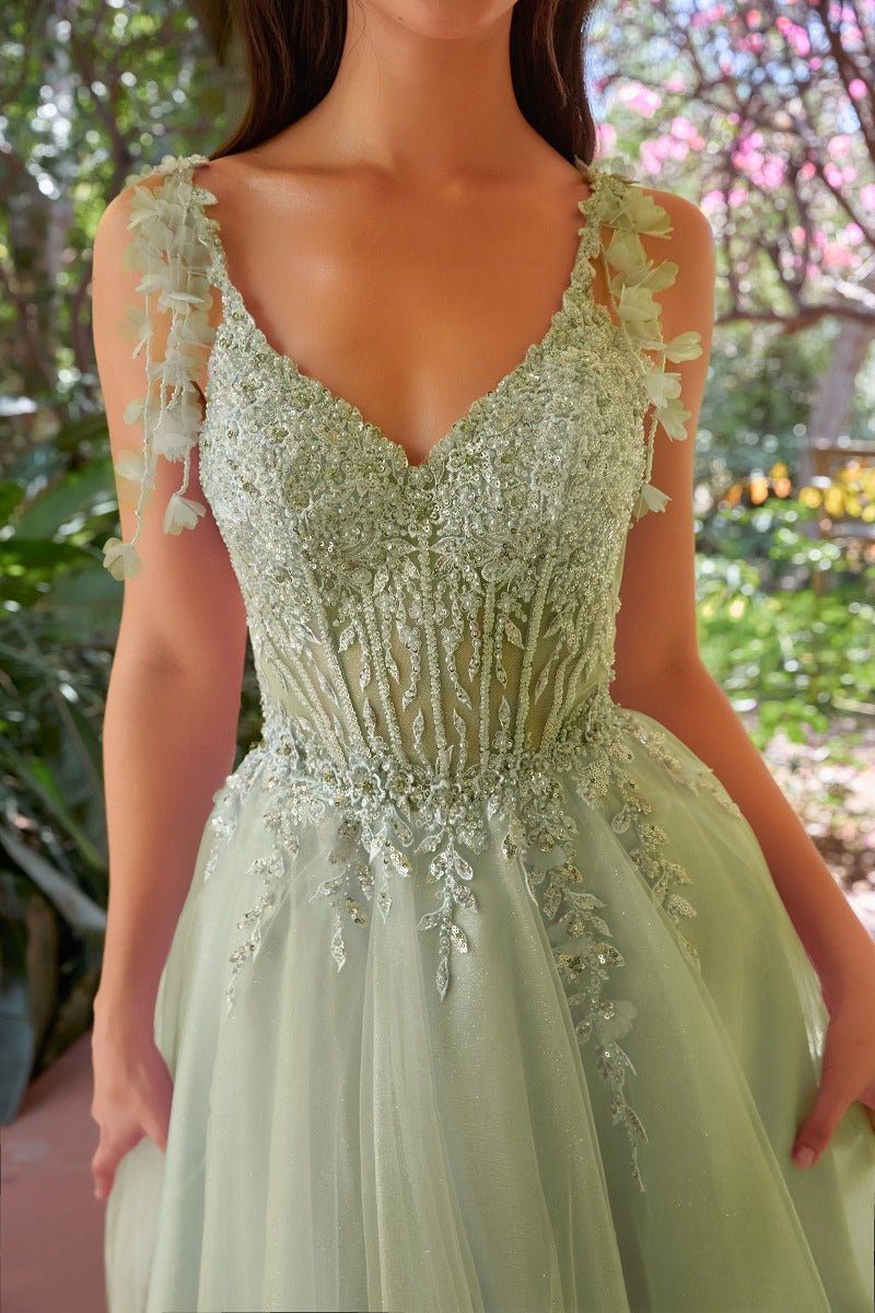 CD0249 floral tulle dress in SAGE