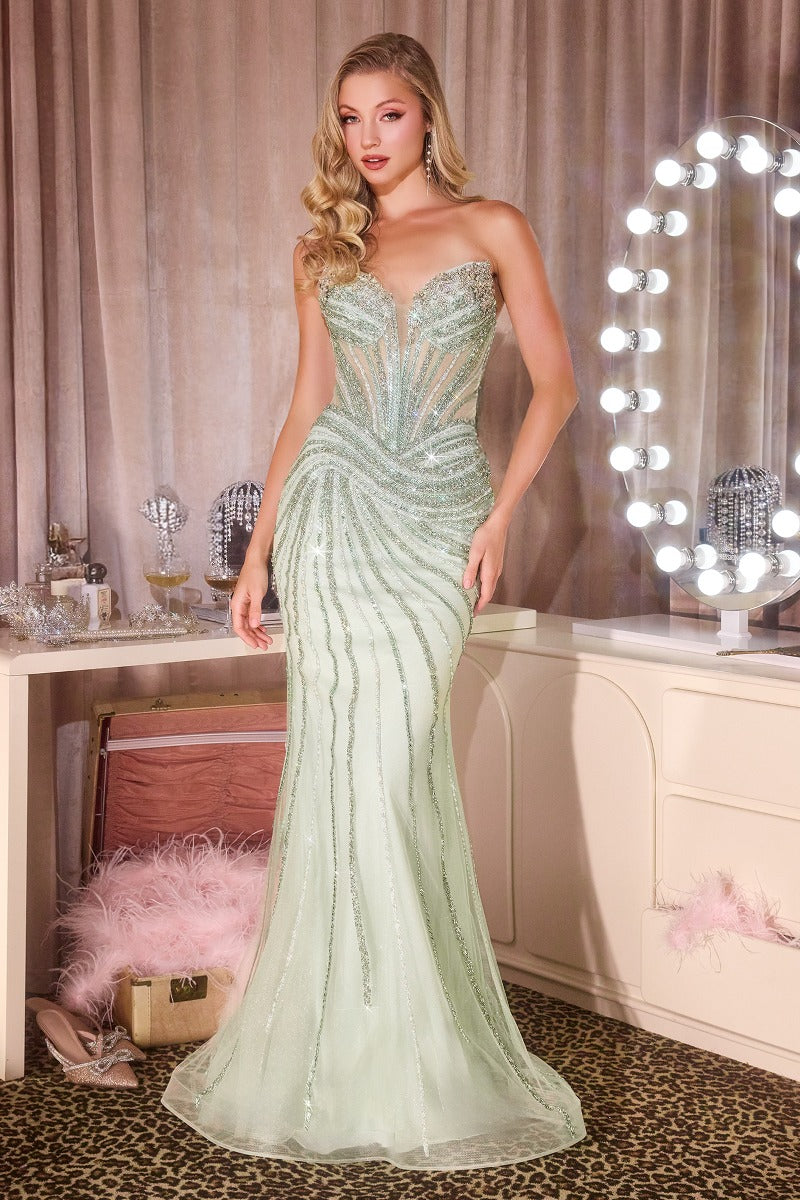 LaDivine CD660 beaded corset gown in SAGE