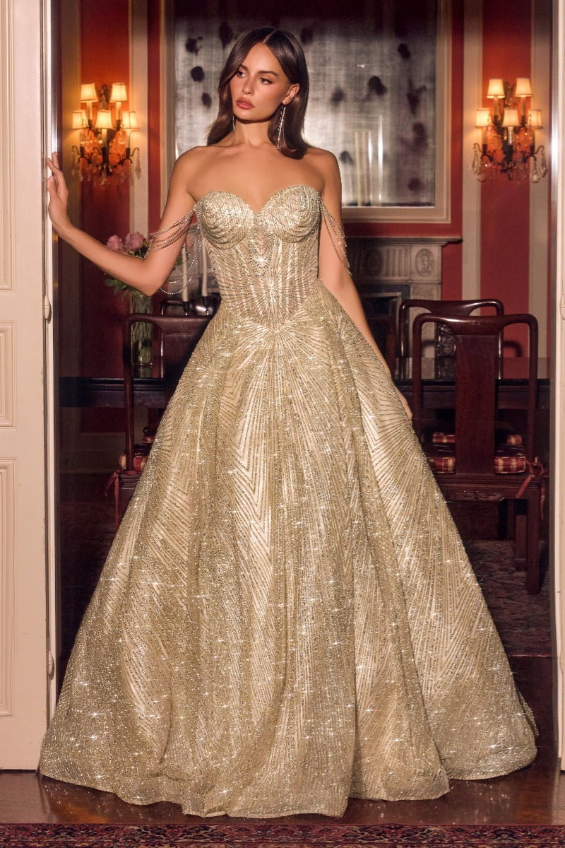 LaDivine J915 glitter tulle ball gown in gold