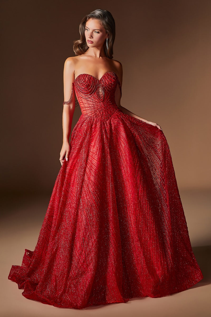 LaDivine J915 glitter tulle ball gown in red
