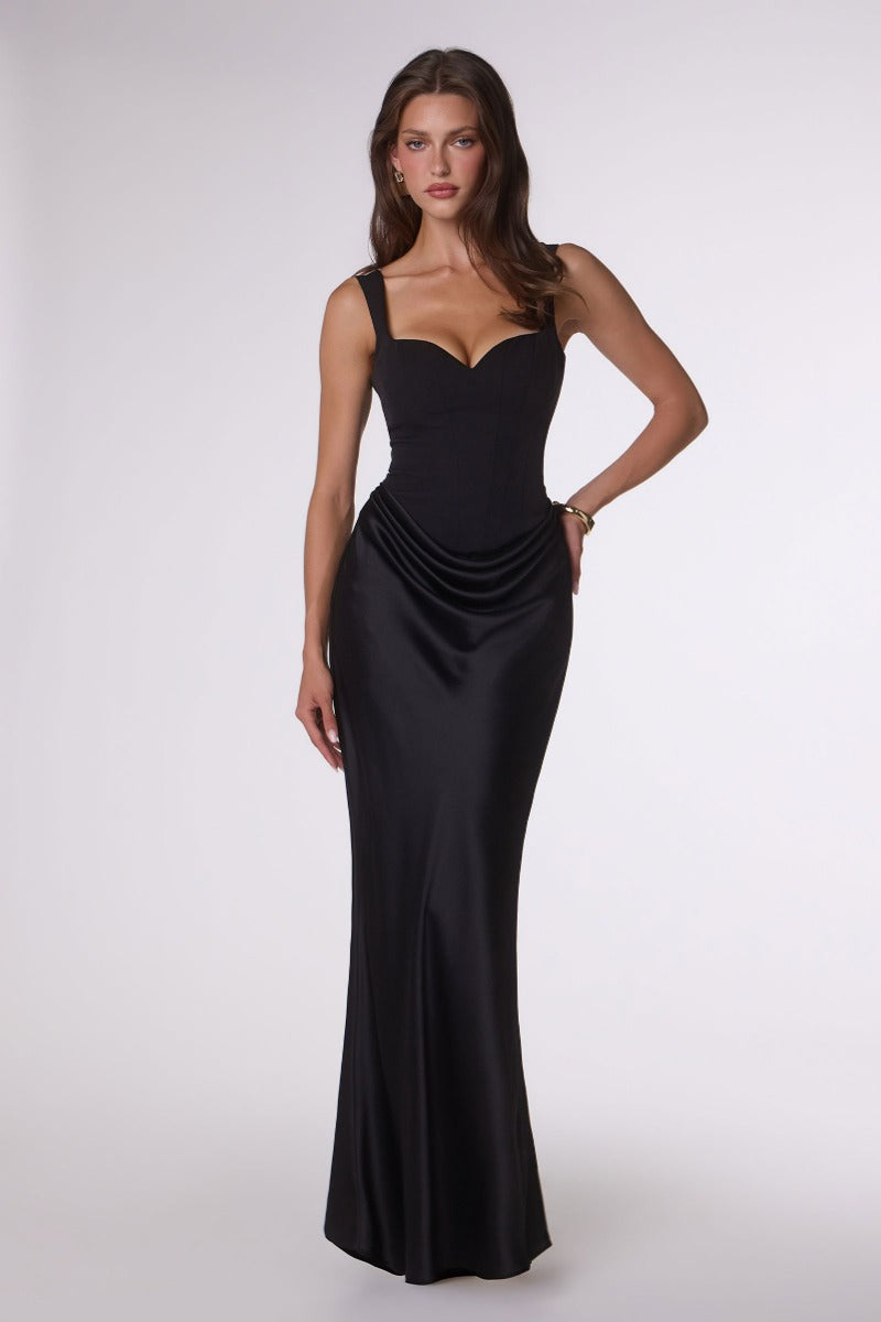 LaDivine T742 fitted satin gown in BLACK
