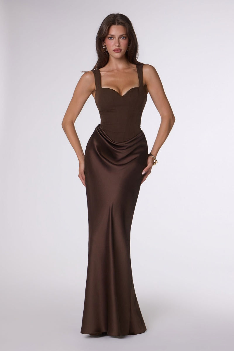 LaDivine T742 fitted satin gown in ESPRESSO