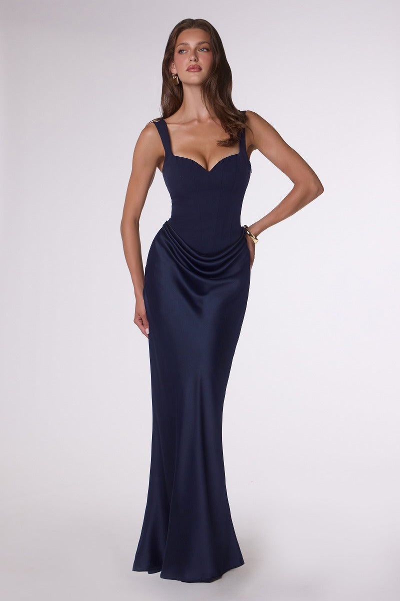 LaDivine T742 fitted satin gown in NAVY