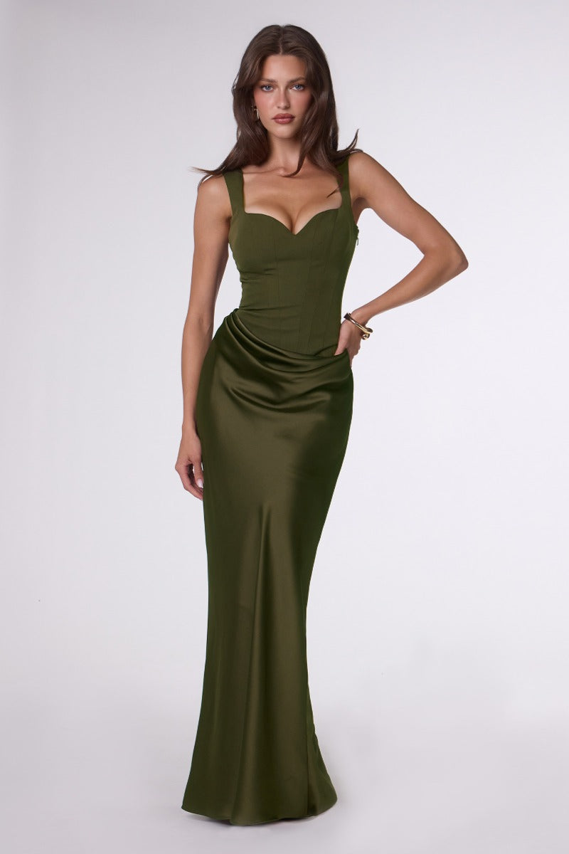 LaDivine T742 fitted satin gown in OLIVE