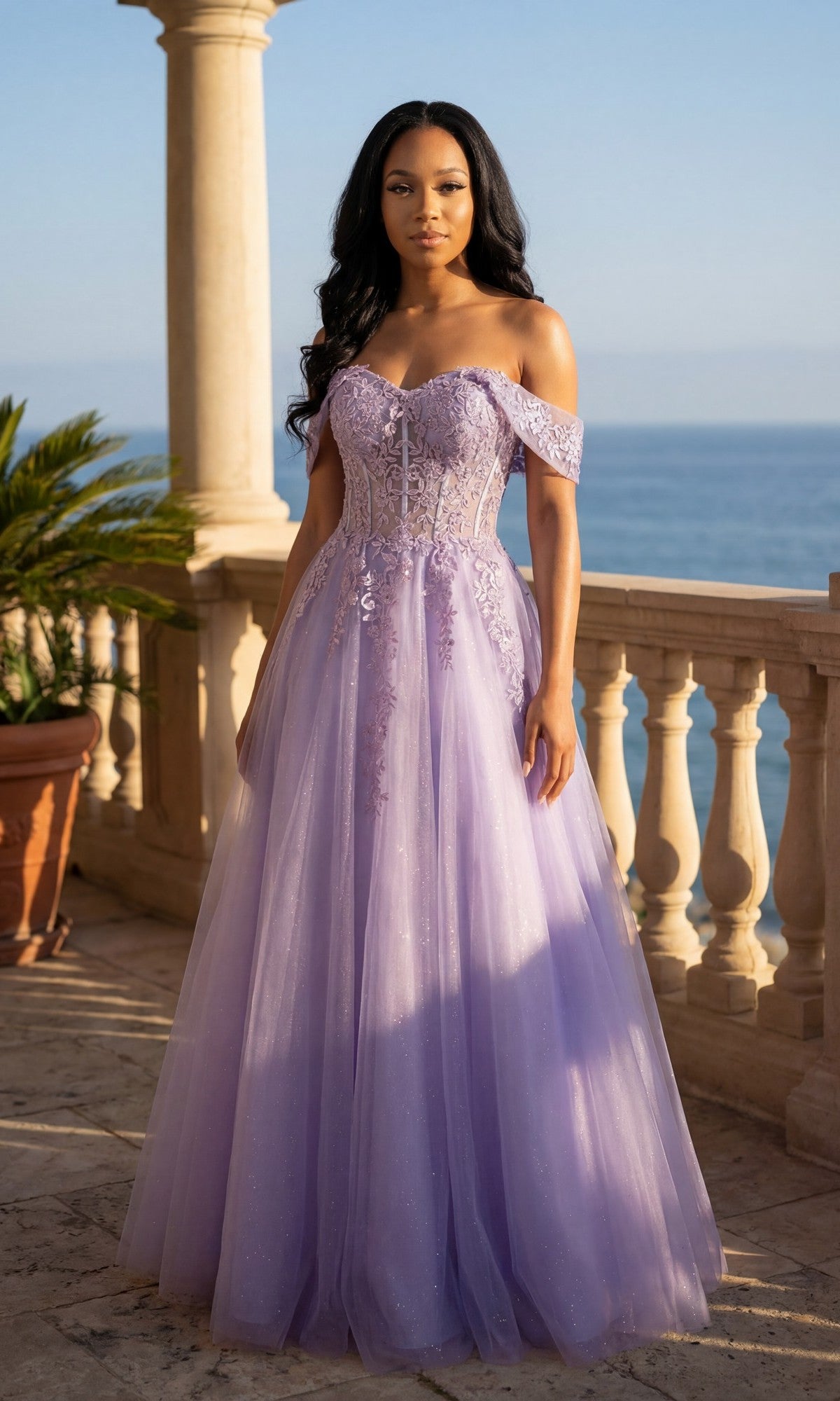 Lilac off-the-shoulder glitter ball gown with floral corset bodice