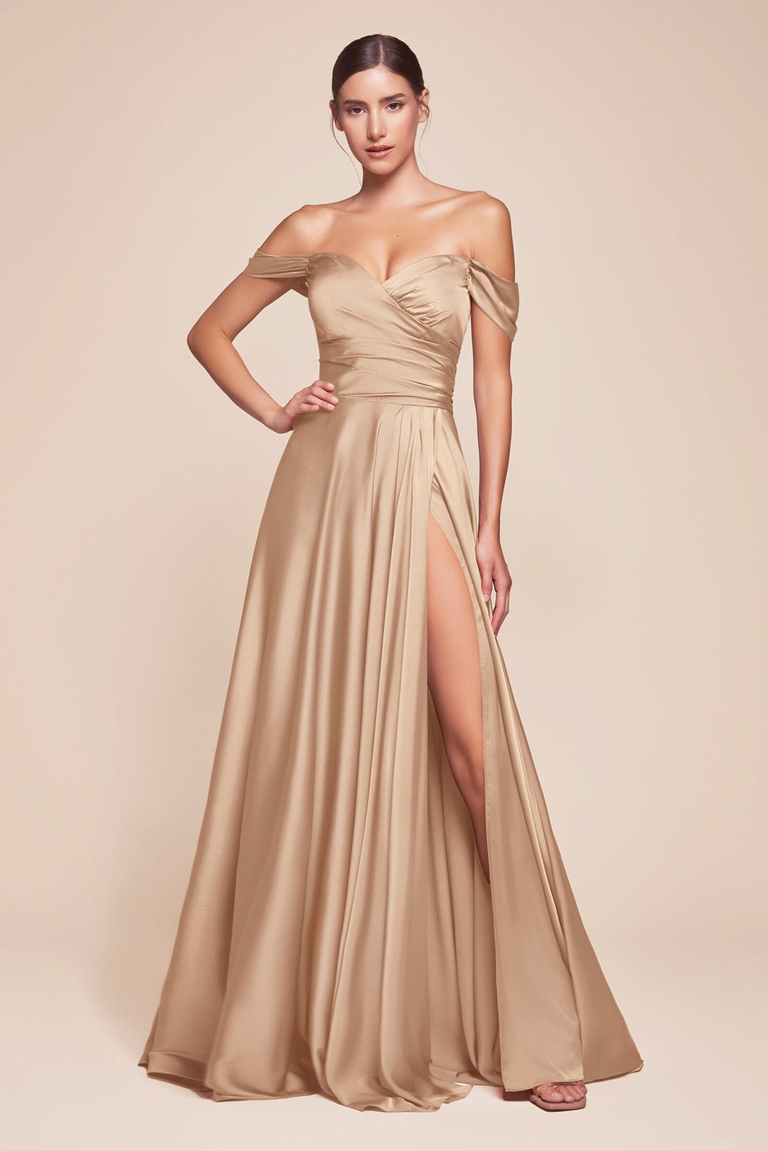 Long Off Shoulder A-line Satin Dress by Ladivine 7493 - image 39