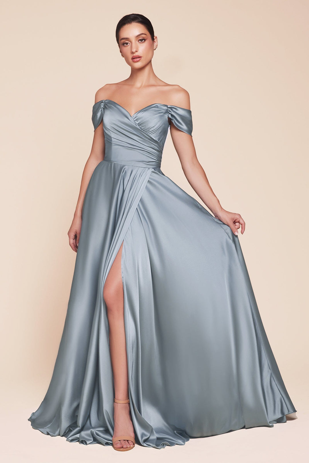 Long Off Shoulder A-line Satin Dress by Ladivine 7493 - image 36