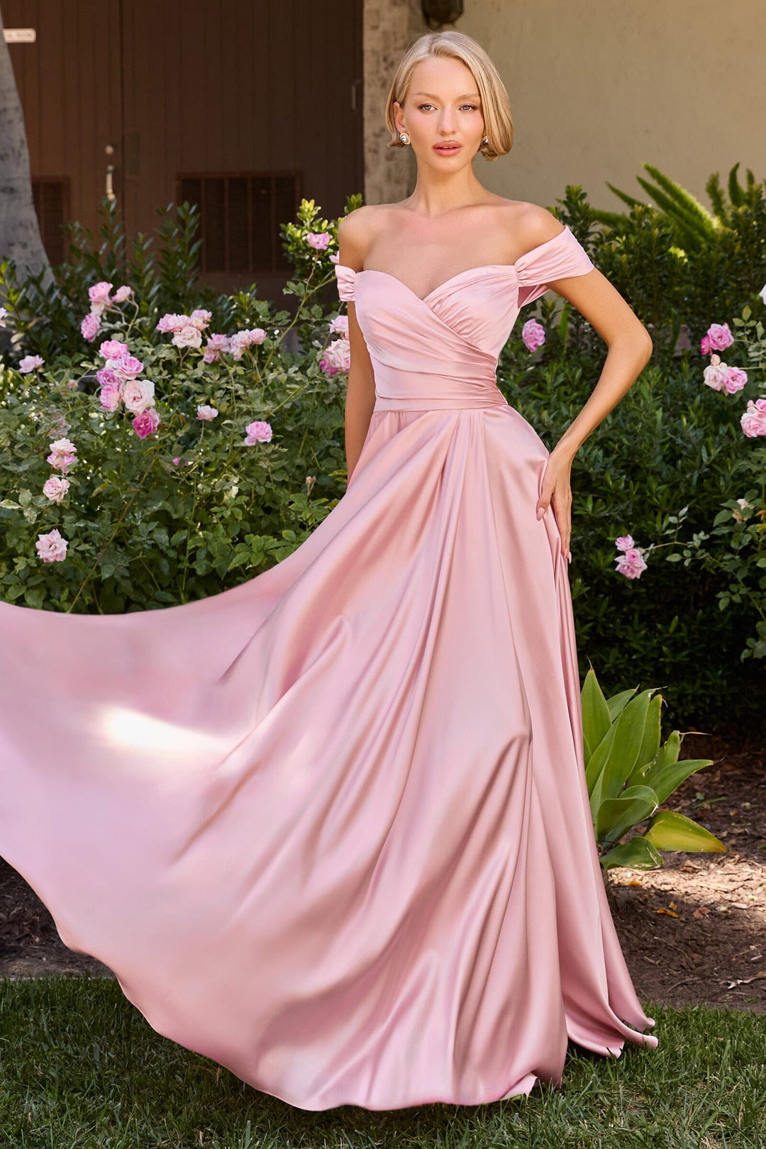 Long Off Shoulder A-line Satin Dress by Ladivine 7493 - image 1