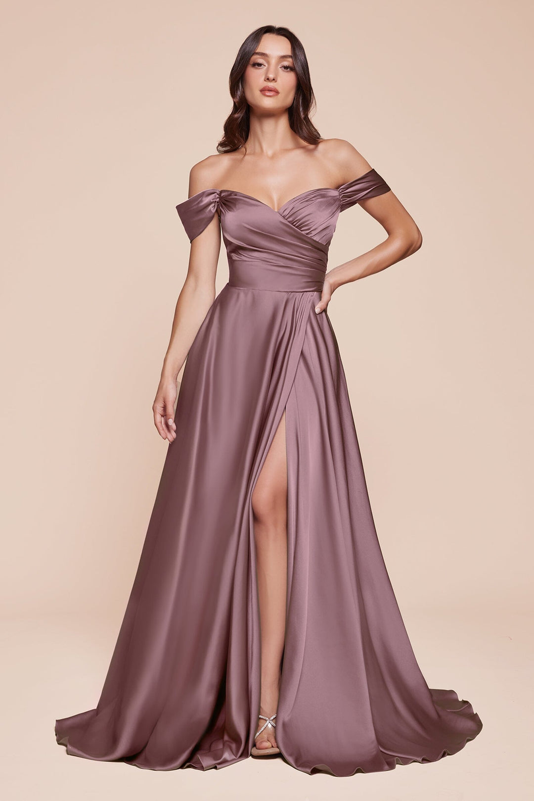 Long Off Shoulder A-line Satin Dress by Ladivine 7493 - image 33