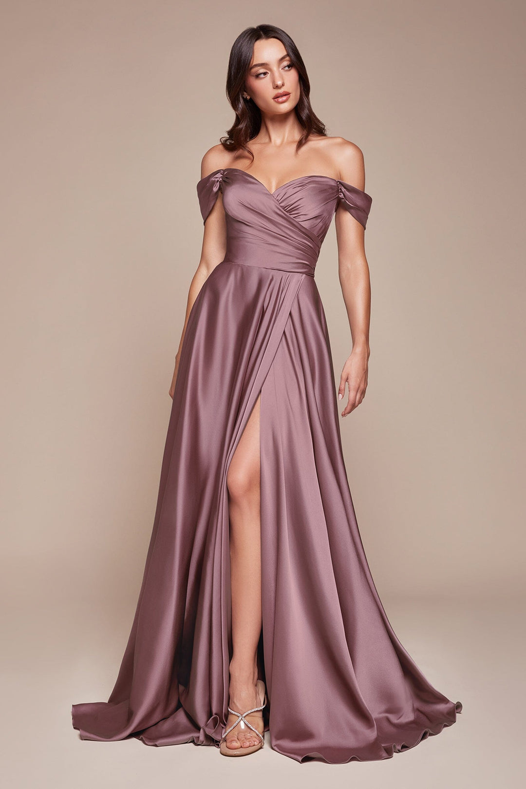 Long Off Shoulder A-line Satin Dress by Ladivine 7493 - image 34