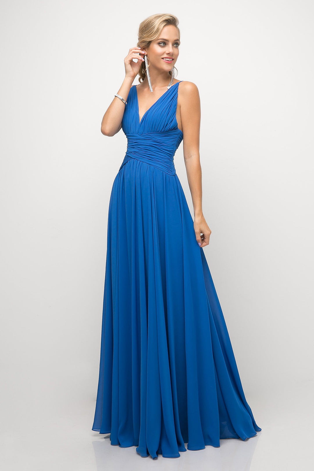Ruched Long V-Neck Dress by Cinderella Divine UF295